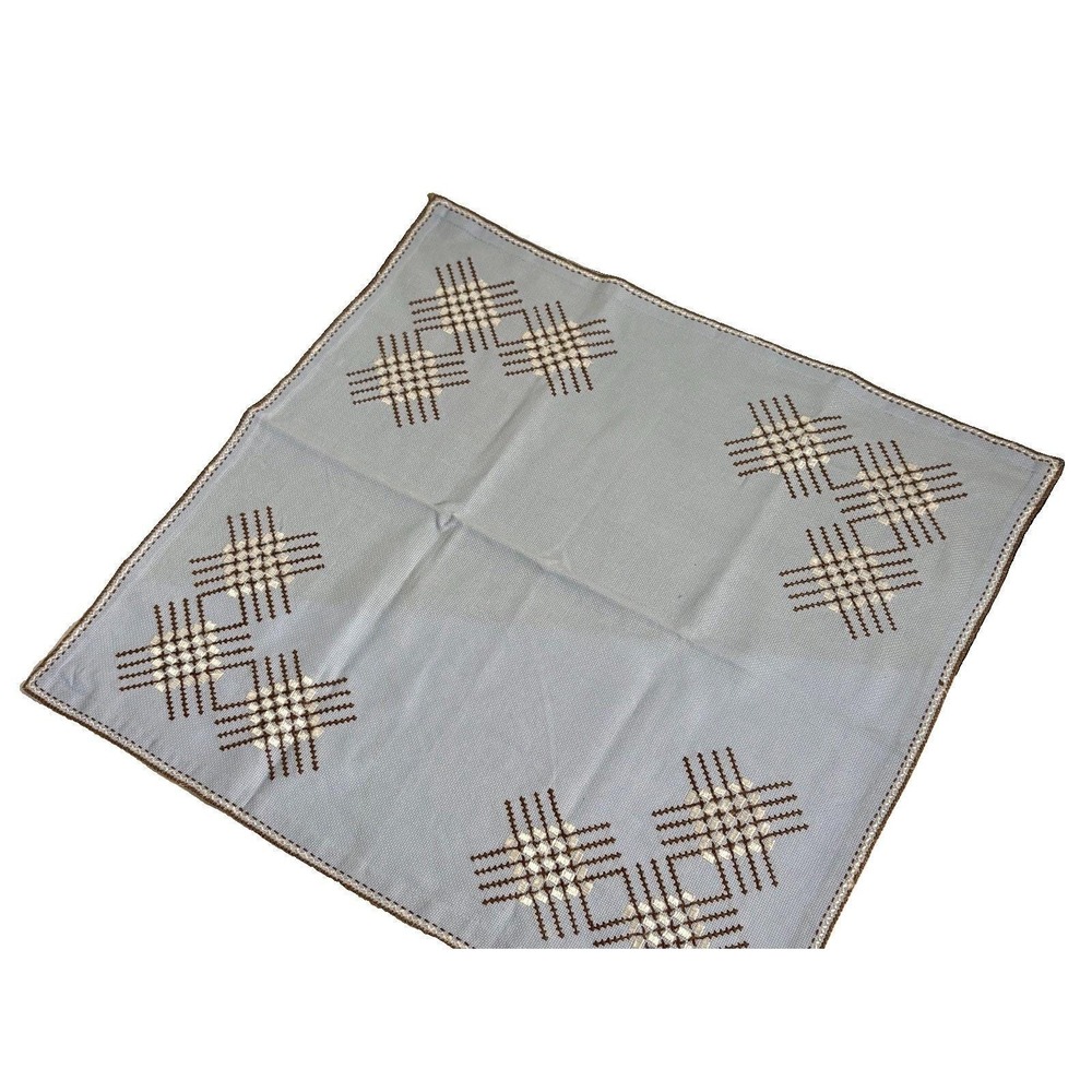 Vtg Scandinavian Hand Embroidered Tablecloth Blue Brown Cross Stich Table Toper